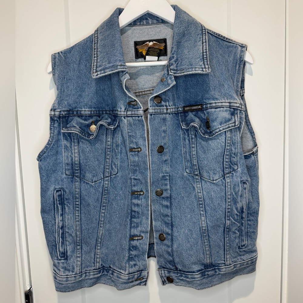 Vintage Harley-Davidson Women’s Denim Vest with Black Patch and Gold Eagle M